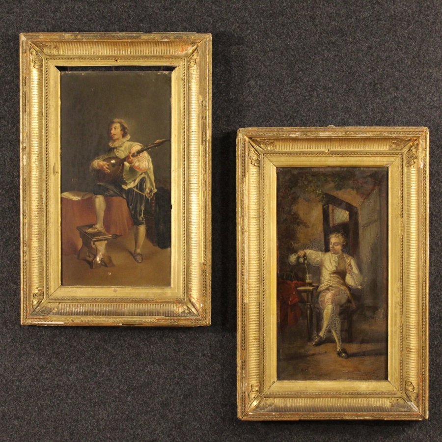 Antique Antique pair of French interior scene paintings from 19th century