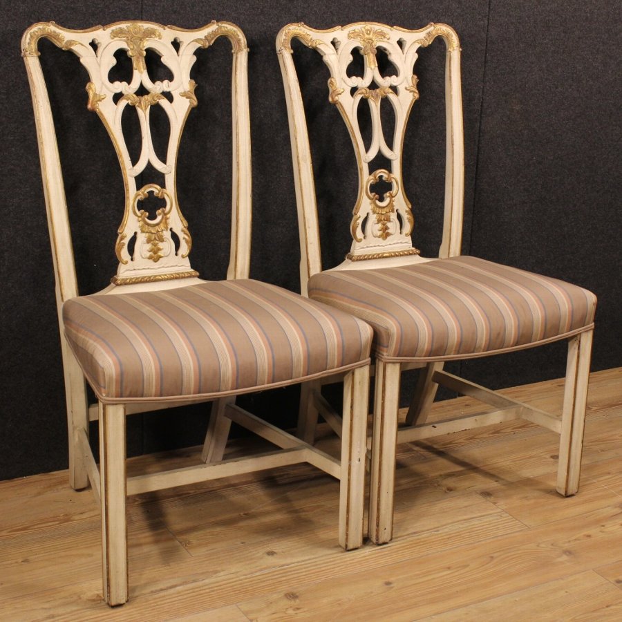 Antique Pair of lacquered and gilded Italian chairs with striped fabric