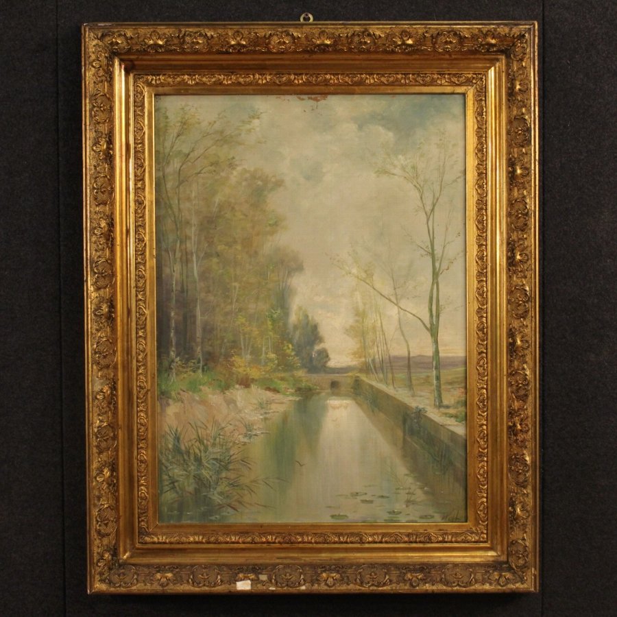 French oil painting on canvas depicting impressionist landscape