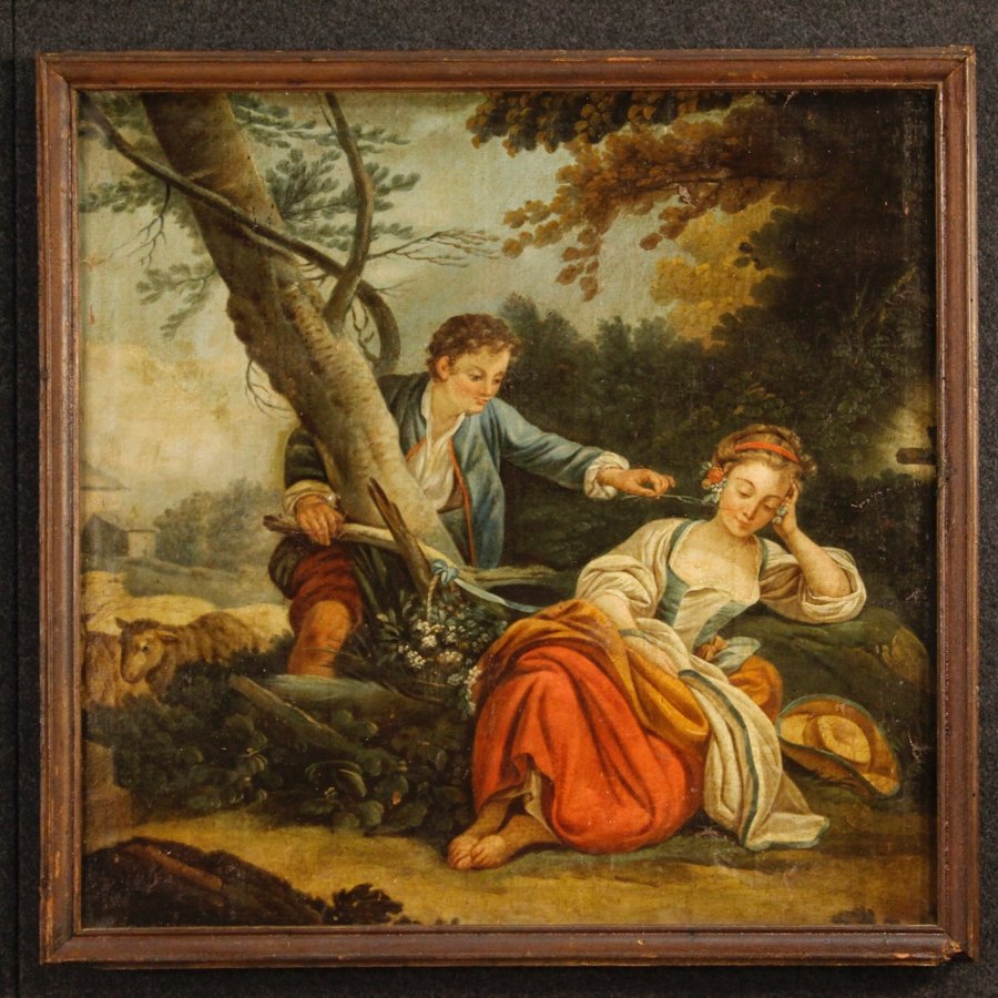 Antique French romantic scene painting of the 19th century