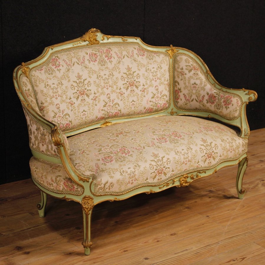 Venetian lacquered and gilt sofa with floral fabric