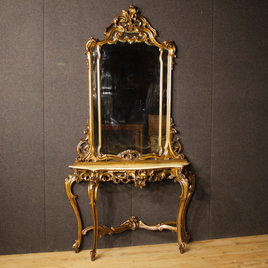 Italian console table with mirror in golden wood