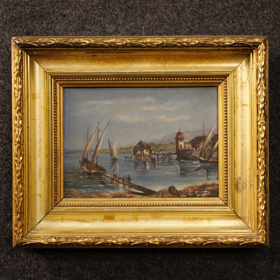 Antique French painting oil on panel depicting lake landscape