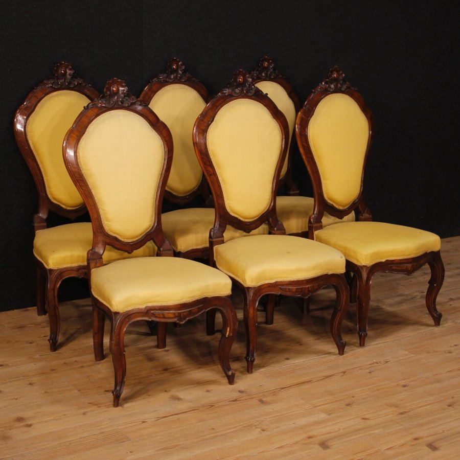 Group of six Sicilian chairs in walnut from 19th century