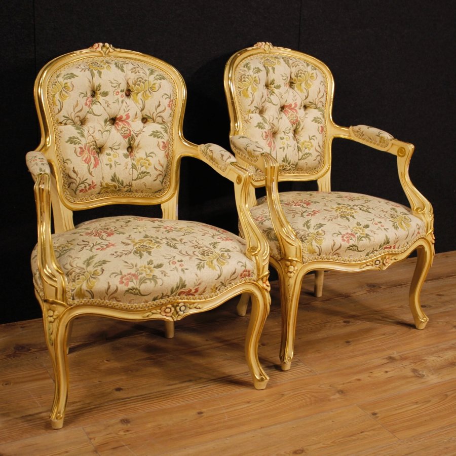 Pair of lacquered and golden Italian armchairs