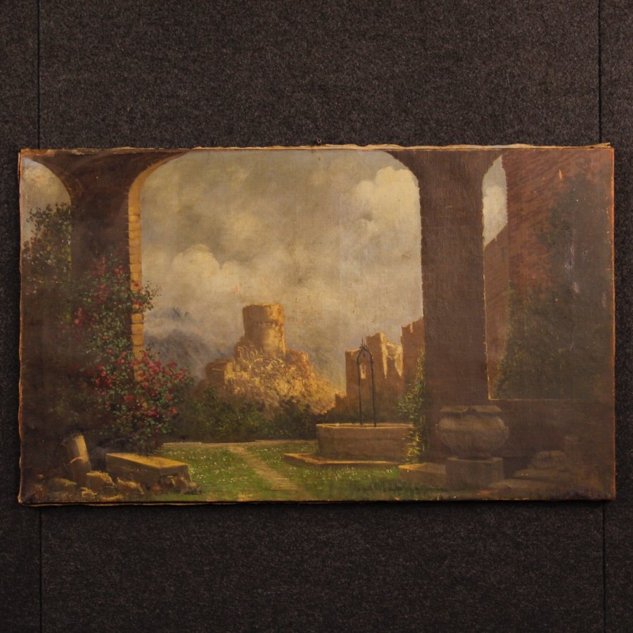 Antique Italian painting landscape with ruins of the 19th century