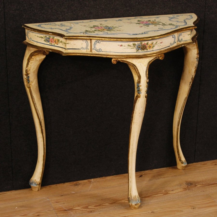 Venetian lacquered and painted console table with floral decorations