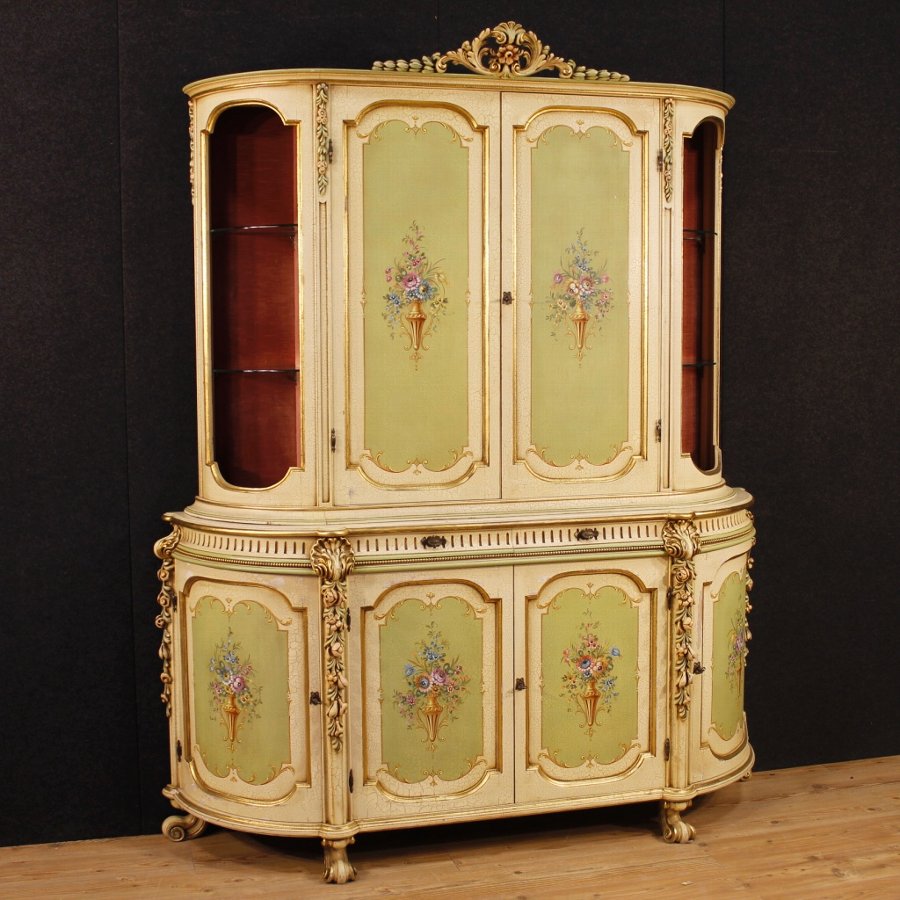 Antique Italian lacquered, golden and painted cupboard