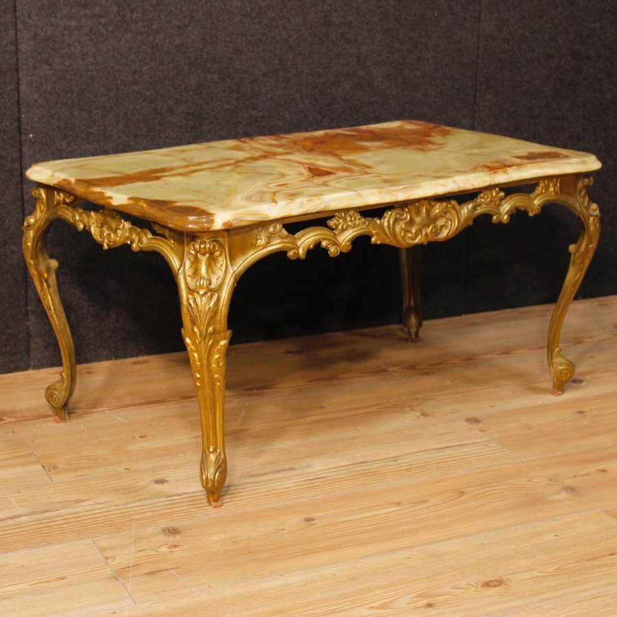 Antique Italian coffee table in gold metal with onyx top