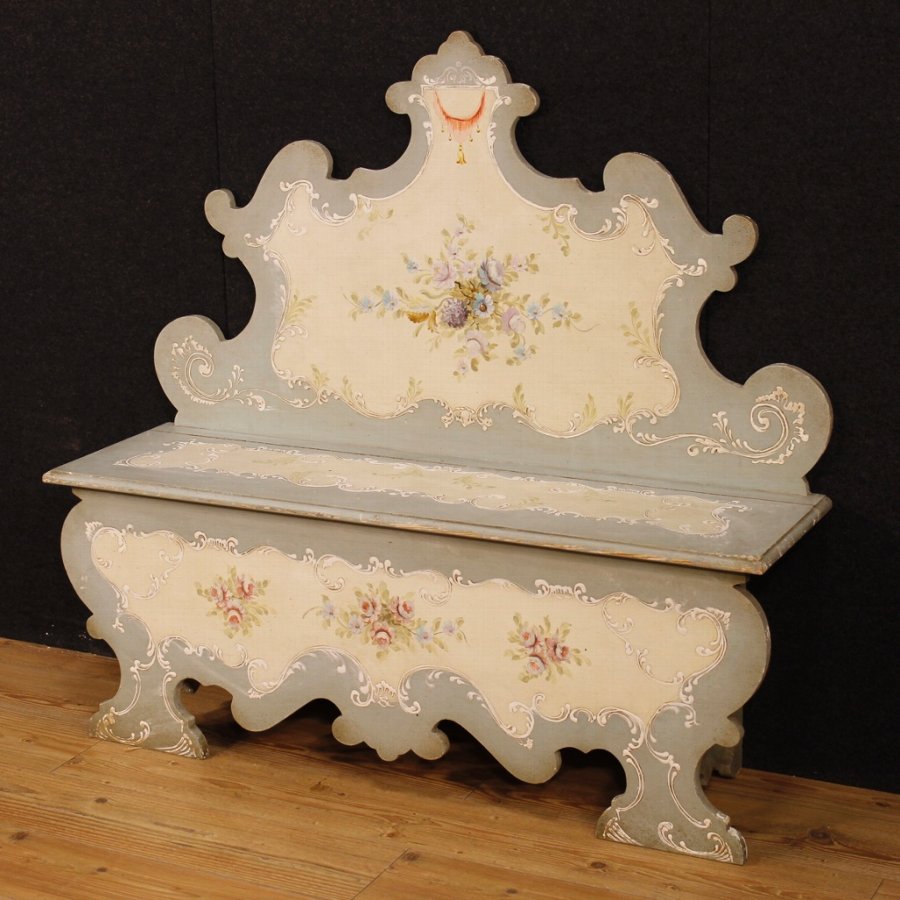 Antique Venetian lacquered and painted bench with floral decorations