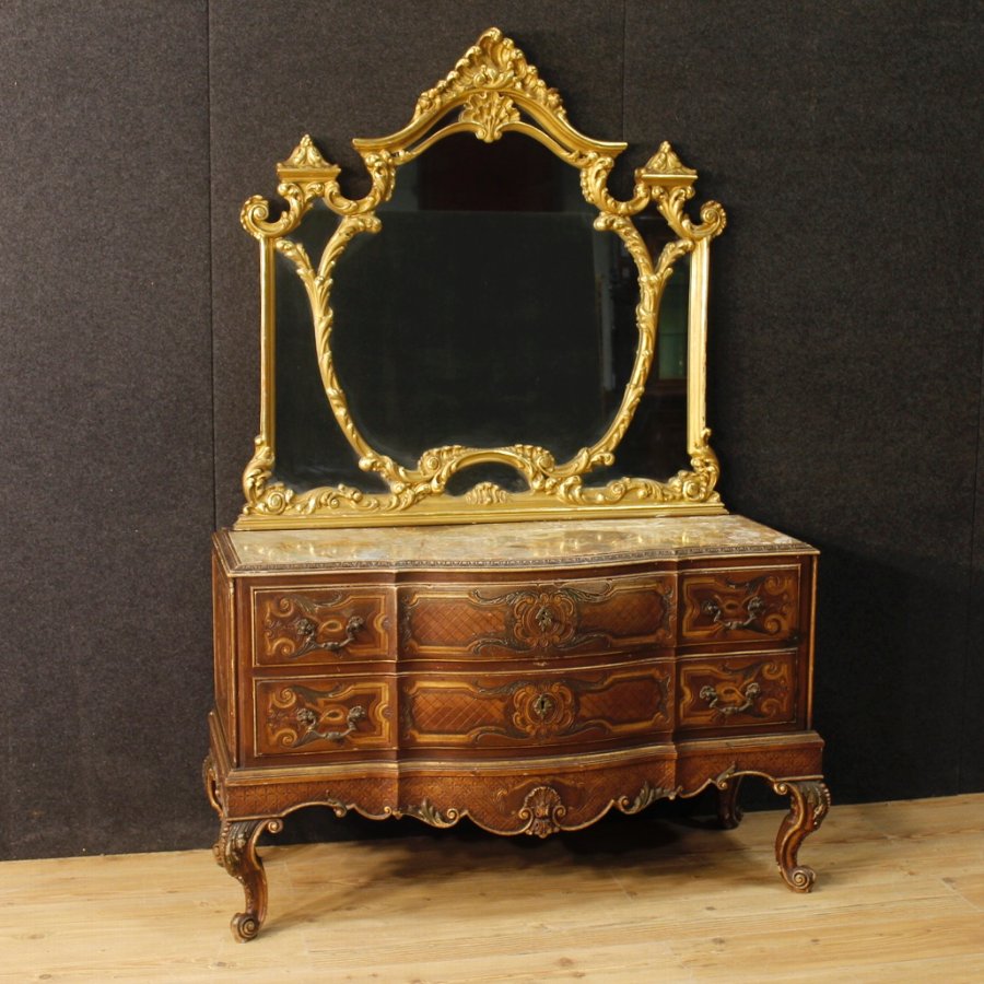 Antique Italian dresser with mirror in lacquered and gilded wood