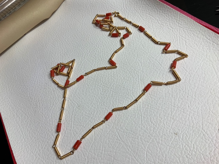 Natural red coral 18 k gold hand made long chain 