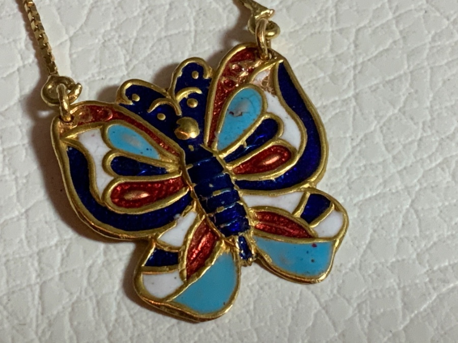 Enamel vintage butterfly pendent necklace 18 k gold 