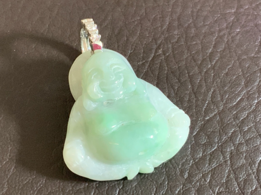 Fine natural jadeite Buddha with diamonds 18 k gold clip on bail 