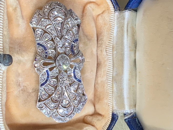 Finest  platinum Art Deco belle epoch diamonds sapphires broach pin 