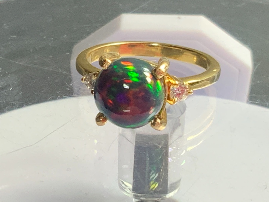 Black opal gem diamonds 3 stone ring 18 k gold .. .....offers considered 