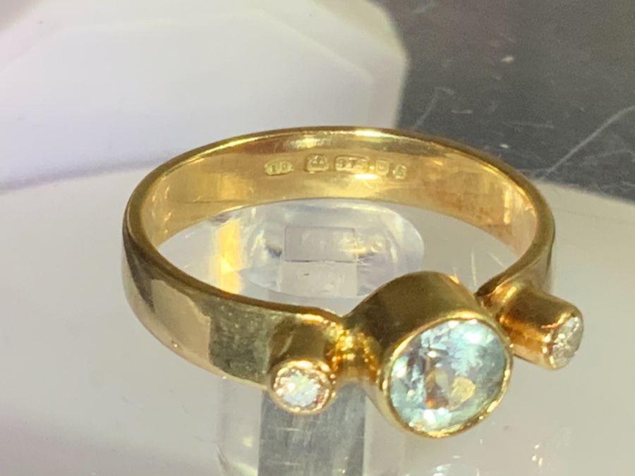 Lovely sky blue aquamarine diamond 3 Stone handmade ring 9 k gold .....offers considered 