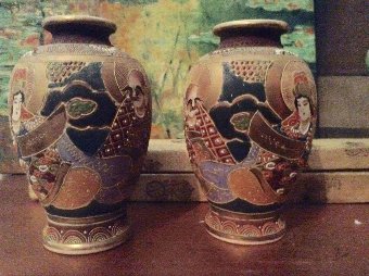 Antique Japanese very very early Satsuma vases with aging but no chips.