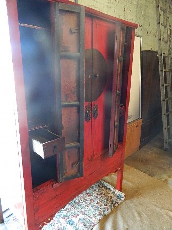 antique original large chinese red laquered Quinghai wardrobe / cabinet, citrca 1840