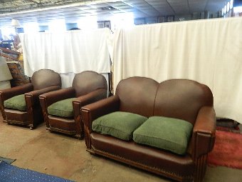 authentic 1920-s vintage hide leather and oak three piece suite