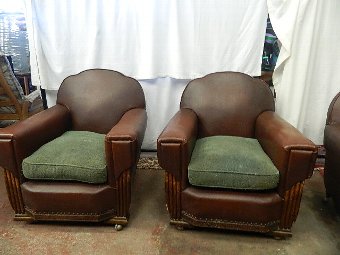 Antique authentic 1920-s vintage hide leather and oak three piece suite