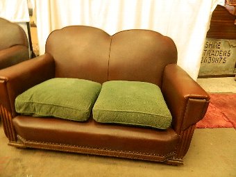 Antique authentic 1920-s vintage hide leather and oak three piece suite