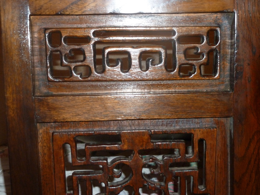 Antique Chinese Wooden Mirrored Doored Cabinet With Intricate Carving