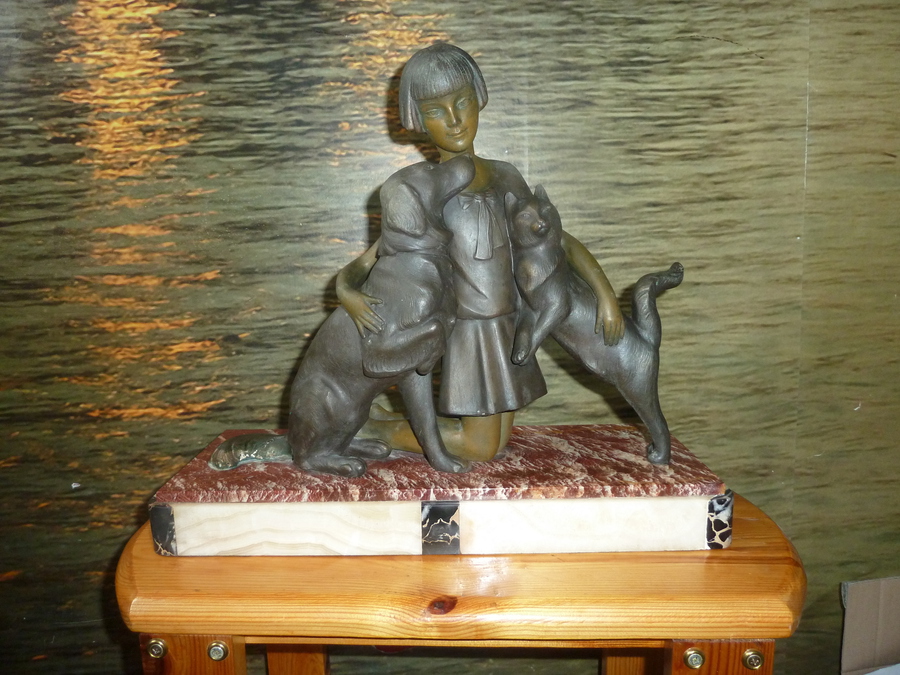 Antique Art Deco Bronze French Girl With Dog & Cat Signed P Sega