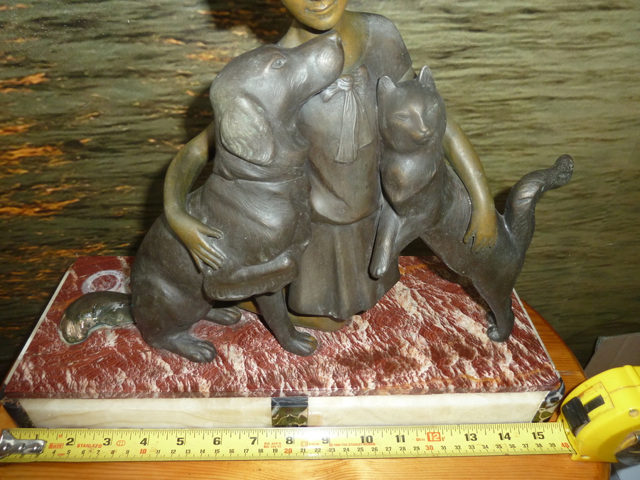 Antique Art Deco Bronze French Girl With Dog & Cat Signed P Sega