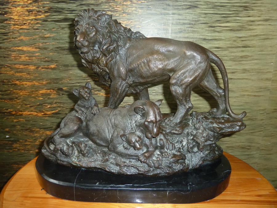 Antique MOUNTED HOTCAST GENUINE BRONZE LION STATUE FAMILY OF LIONS