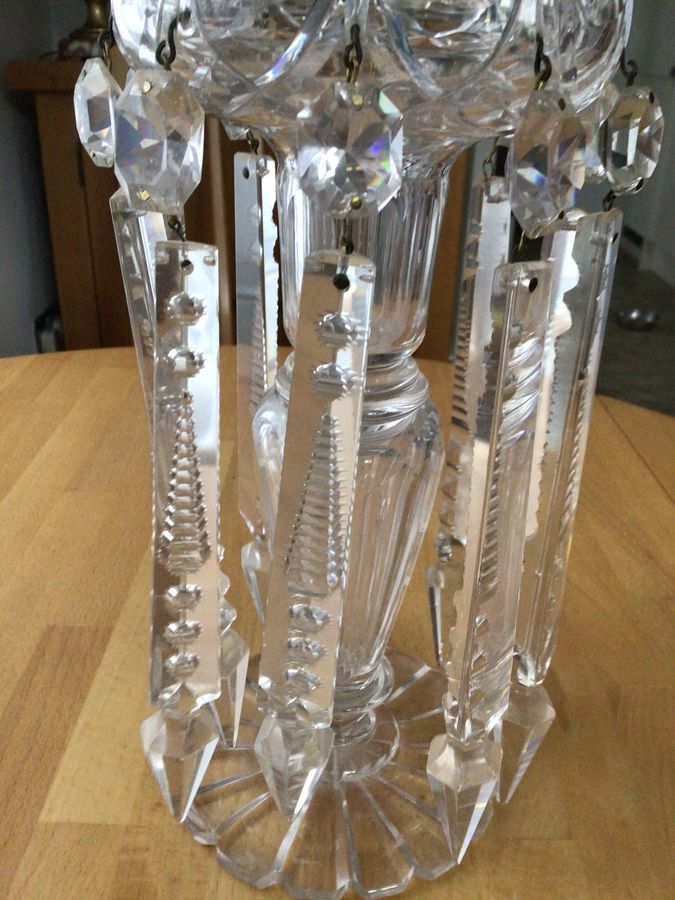 Antique Victorian clear glass Candlestick with Ten cut glass lustres