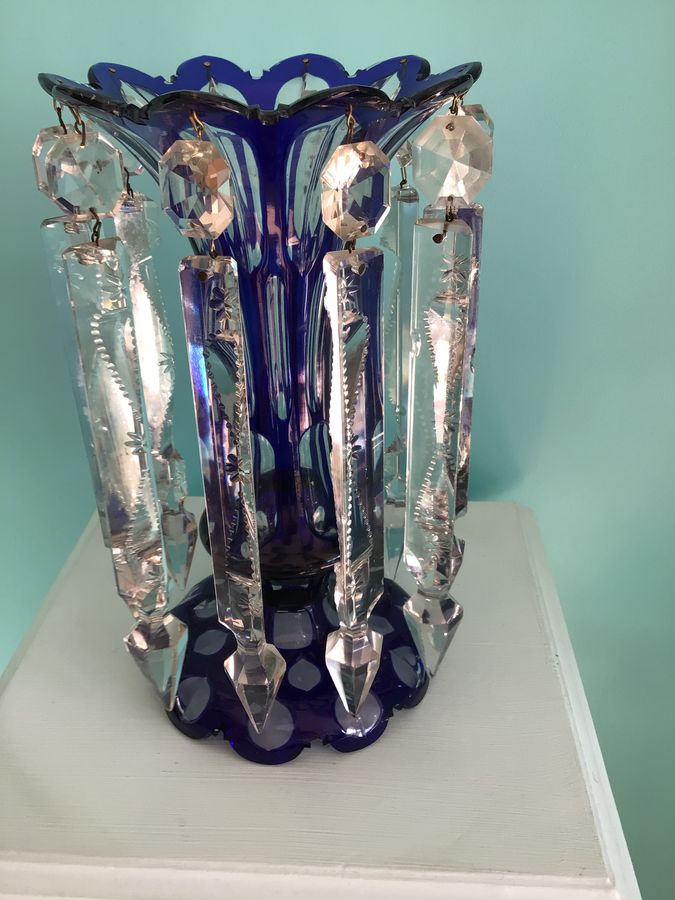 Victorian Blue Glass Vase with hanging Lustres