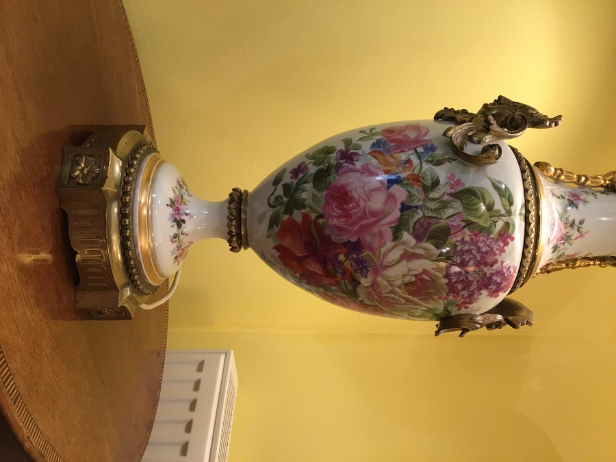 Antique French Porcelain and Ormolu  Oil Lamp