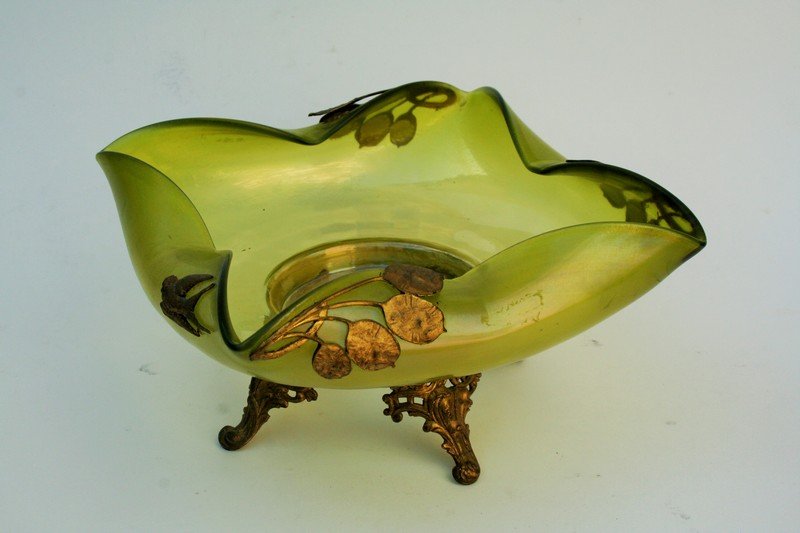 Art Nouveau Austrian Glass Bowl with Bronze Base