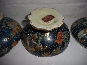 Antique  Chinese Bowls & Covers Blue/Green Gold Dots Marks 