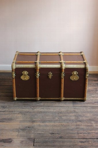 Antique Circa 1920s French Brass and Vellum Trunk / Coffee Table 