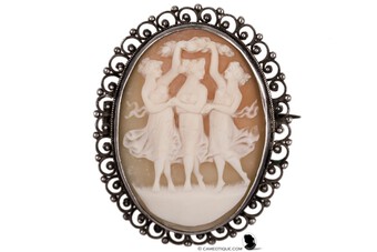 Three Graces cameo. Victorian Carnelian shell cameo brooch depicting the 3 Graces and set in unma...