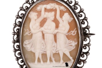 Antique Three Graces cameo. Victorian Carnelian shell cameo brooch depicting the 3 Graces and set in unmarked filigree mount FREE WORLDWIDE SHIPPING