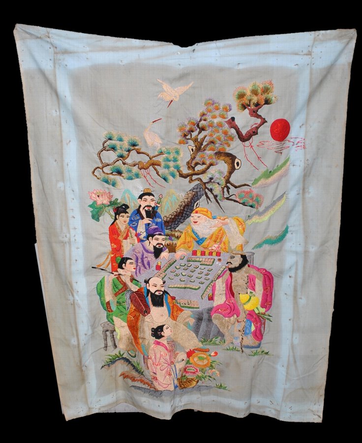 The Eight Immortals Playing a Board Game, Embroidery on Cotton and Silk