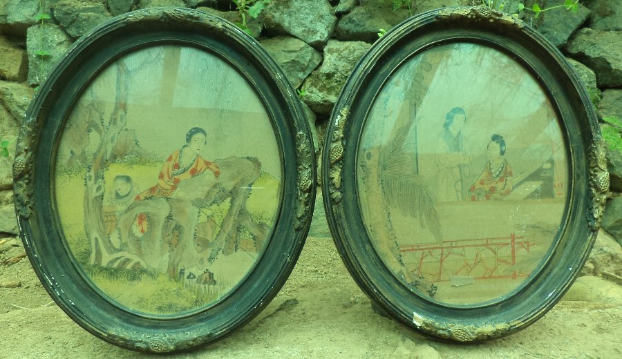 A Pair of Framed Ink on Paper Paintings of Noble Ladies at Leisure