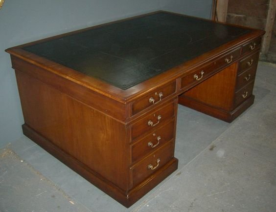 DESK: EX-MOD / ARMY / WAR OFFICE; PEDESTAL, ONE SIDE CUPBOARD, OTHER SIDE DRAWERS, LEATHERETTE TOP, 20TH CENTURY