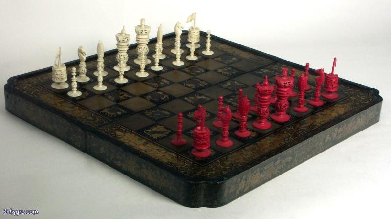 19th c. Chinese Export Lacquer Chess board ,with ivory Drafts, and Backgammon.