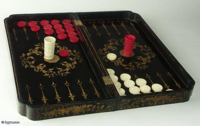 Antique 19th C Chinese Export Lacquer Chess Board With Ivory Drafts