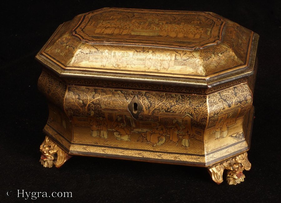 Antique Chinese Export Lacquer Tea Chest with gold decoration Circa 1835