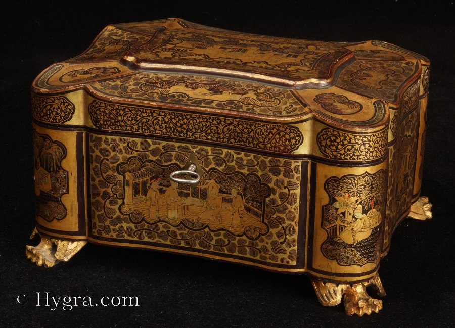 Antique Chinese Export Lacquer Tea Chest with lift out pewter canisters and gold decoration Circa 1840.