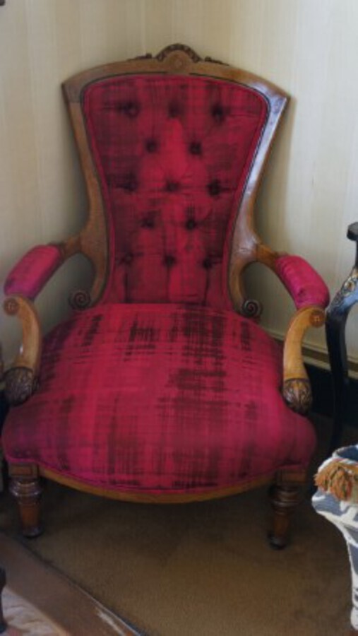 Superb inlaid walnut Victorian upholstered armchair