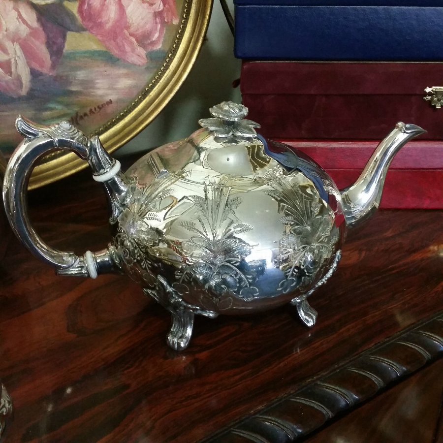 Antique Silver plate Teapot Antique Footed Flower Handle Very Ornate Beautiful