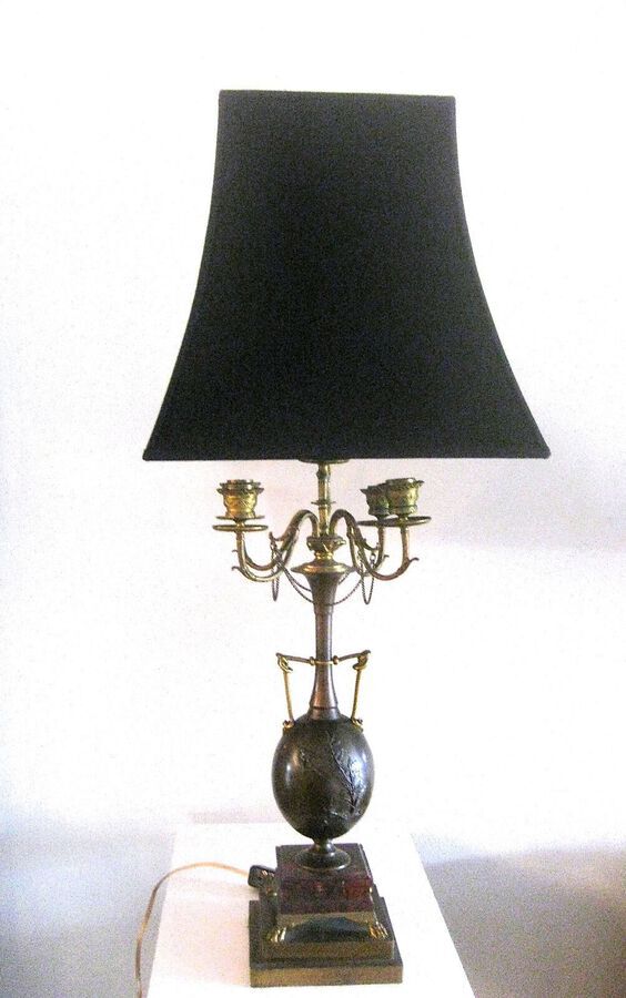 Henry Cahieux & Ferdinand Barbedienne Antique Bronze Candelabra Lamp With Shade