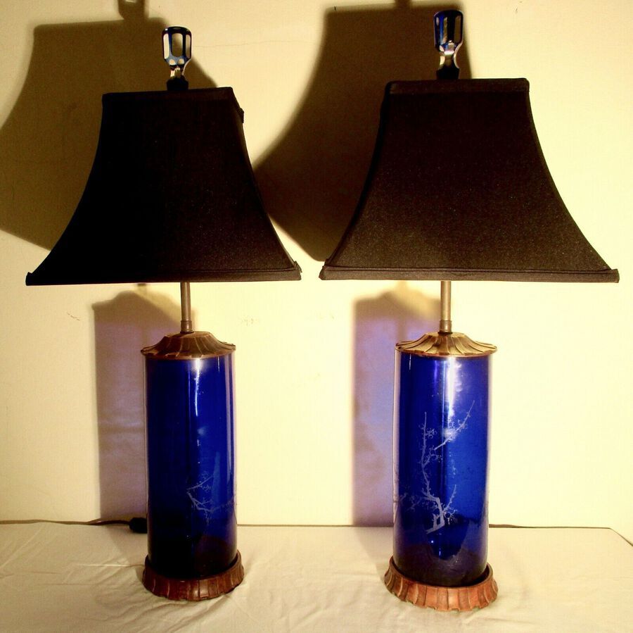 Pair of Antique 19th C. Chinese Export Hand-Etched Cobalt Glass & Wood Lamps