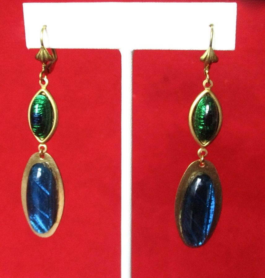 Pair of Vintage Morpho Butterfly Wing & Peacock Eye Earrings/Boho/Hippie/